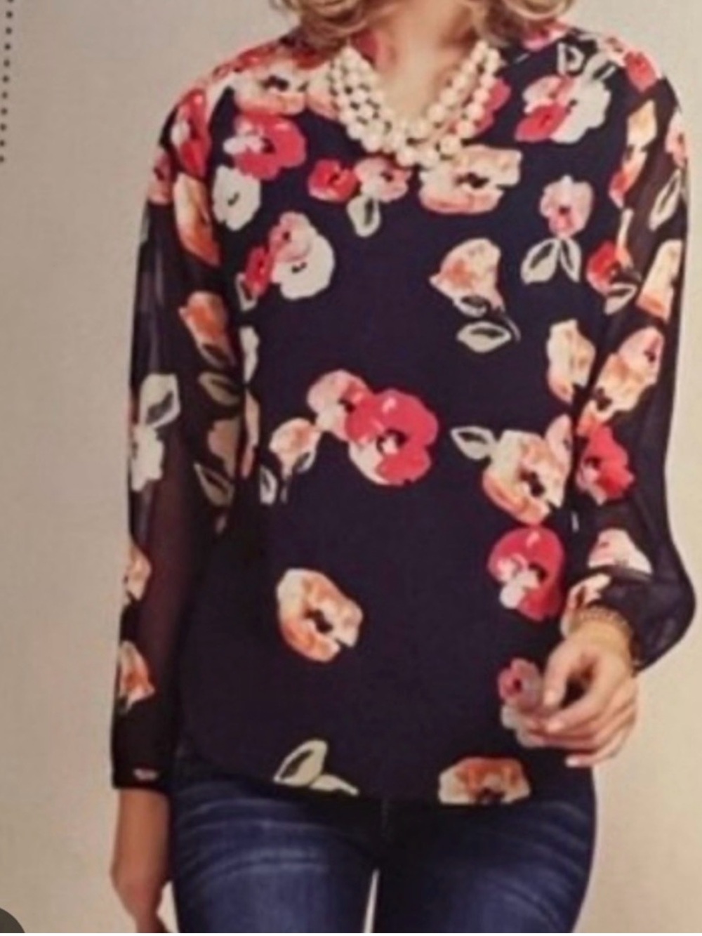 CAbi Navy Floral V-Neck Sheer-Sleeve Blouse with Pink & Peach Blooms large